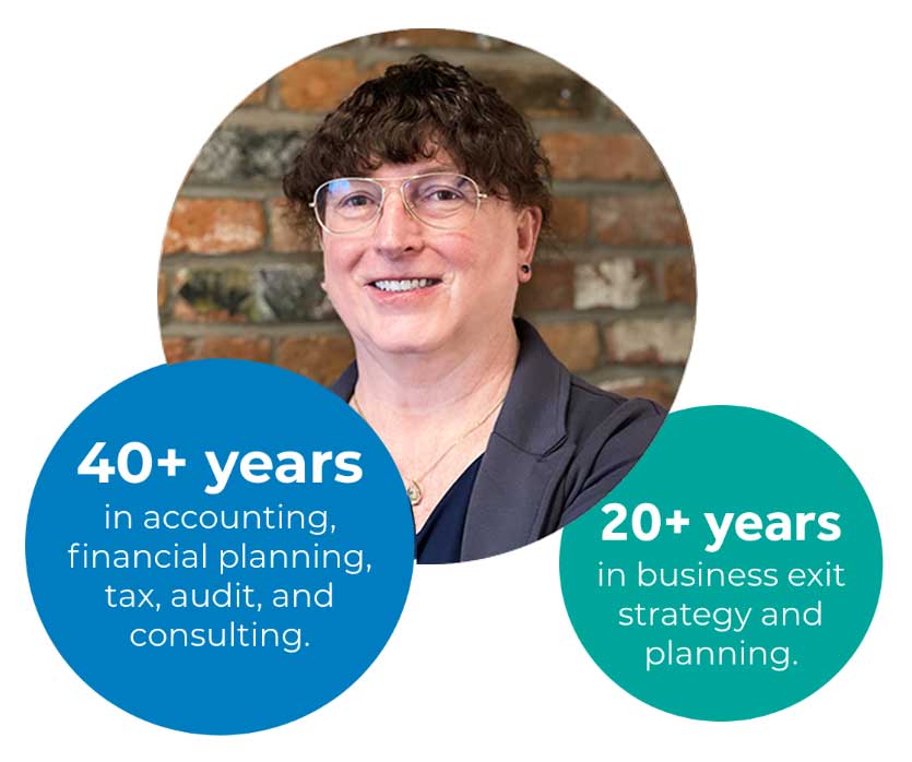 Portrait of Anna Halaburda with credentials highlighting 40+ years in accounting and 20+ years in business exit strategy